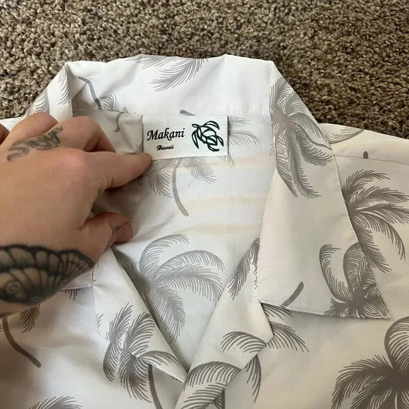 Makani Hawaii Shirt Mens Palm Tree Large Gray White Microfiber‎ Hawaiian Aloha - Picture 5 of 9